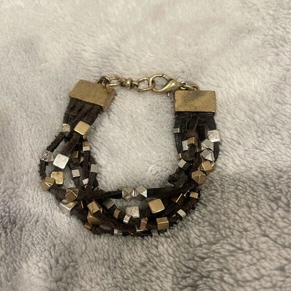Multi studded leather wrap hammered metal bracelet - Picture 1 of 7
